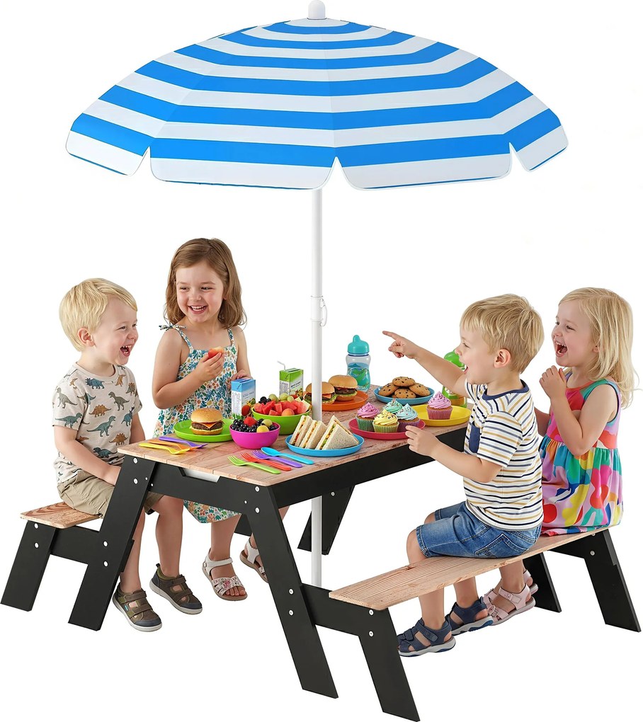 Mesa de piquenique infantil com guarda-sol, conjunto de jardim 3 em 1 em madeira para crianças dos 3 aos 6 anos com 2 caixas, natural