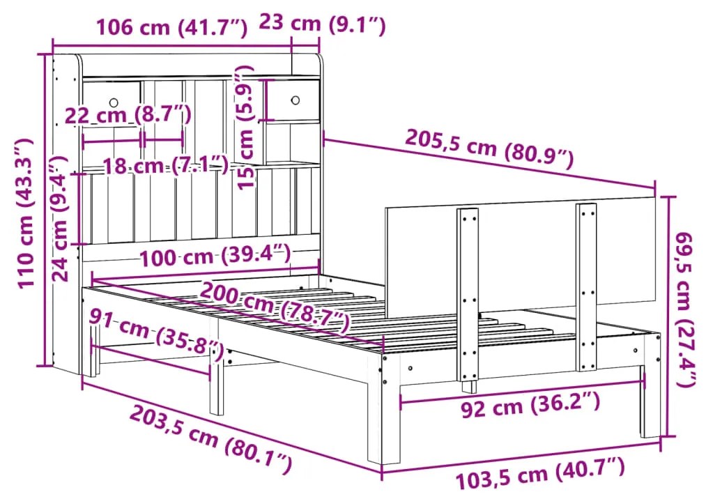 Cama com estante sem colchão 100x200 cm pinho maciço branco