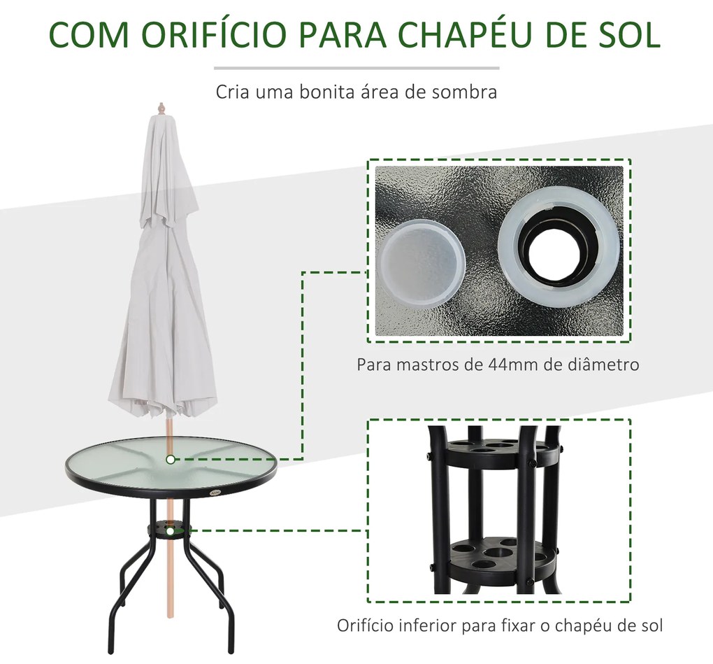 Outsunny Mesa de Jardim Redonda Mesa Sala de Jantar de Cristal Temperado com Orifício para Chapéu de Sol Estrutura Metálica para Pátio Terraço Exterior Ø80x72cm Preto
