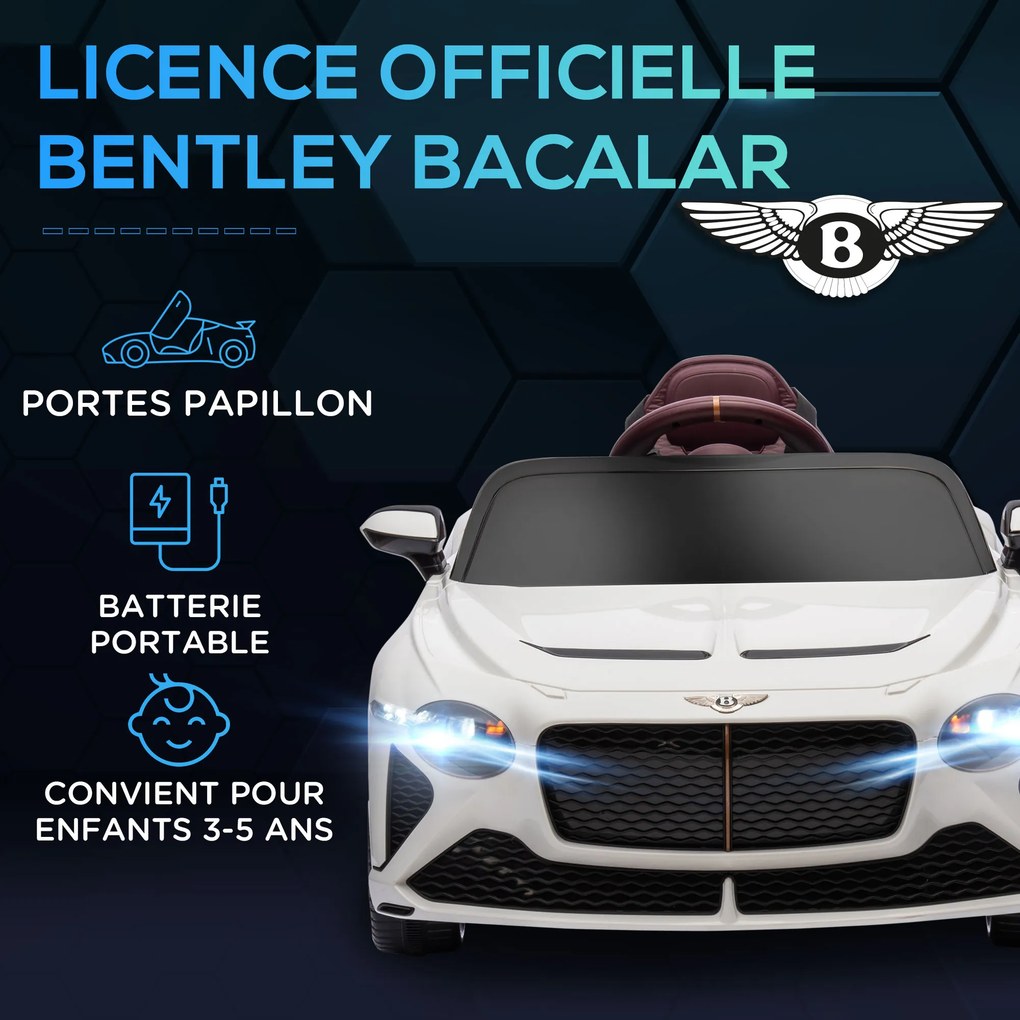 Carro elétrico para crianças dos 3 aos 5 anos, 2 motores, 12 V, 25 W, 3-5 km/h, comando à distância de 2,4 GHz, Bentley Bacalar branco