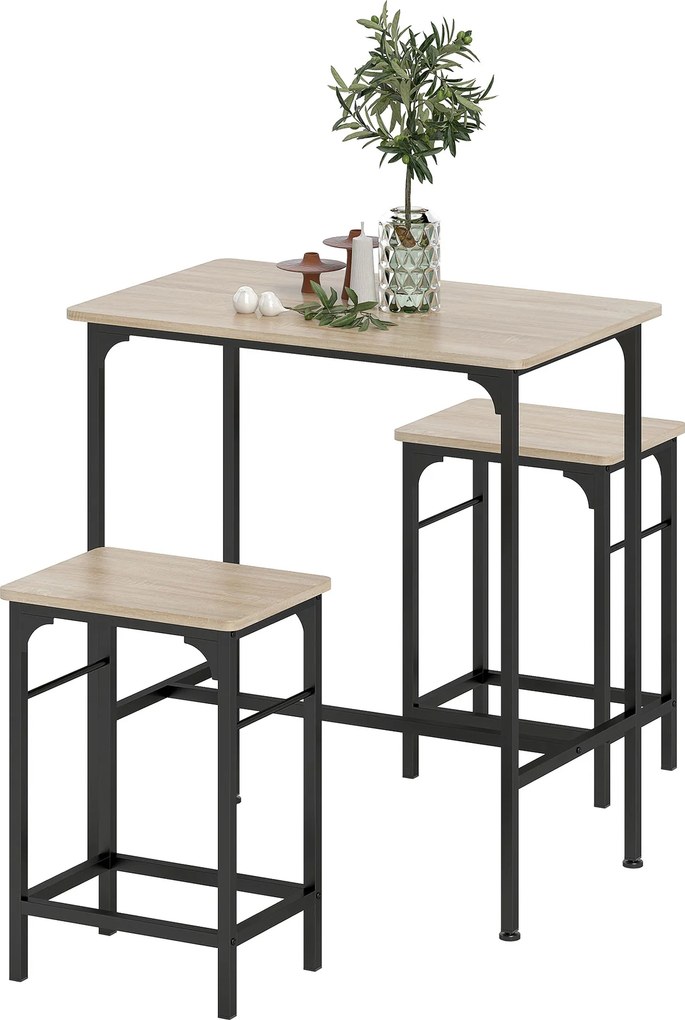 Conjunto de mesa de bar com 2 bancos, estrutura em aço para cozinha, sala de jantar e sala de estar, com efeito de madeira natural