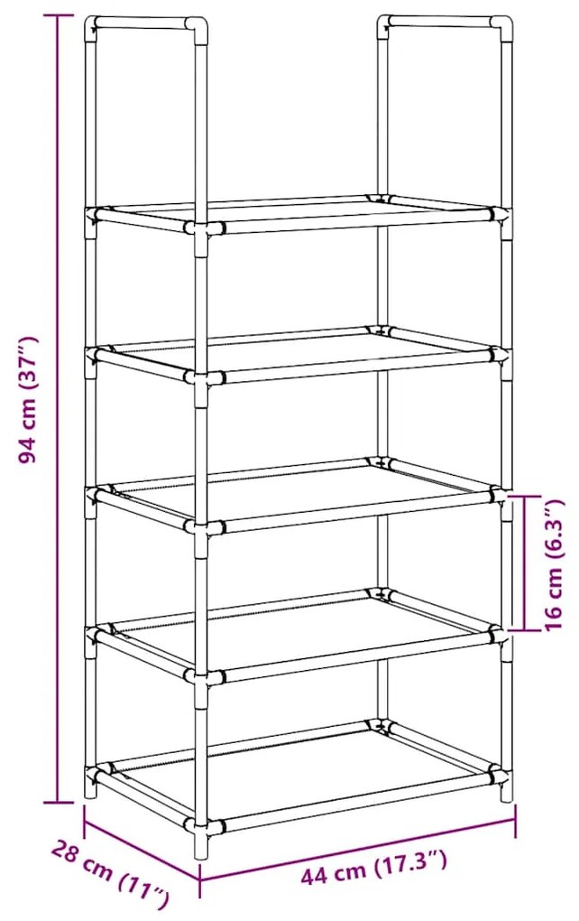 Sapateira 5 camadas 44x28x94 cm tecido não tecido preto