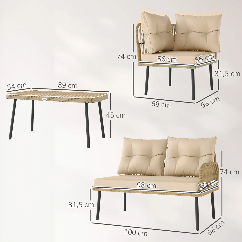 Conjunto de Jardim de Vime Sintético de 4 Peças Inclui 2 Sofás de 2 Lugares 1 Canto de Sofá 1 Mesa de Centro Madeira e Bege