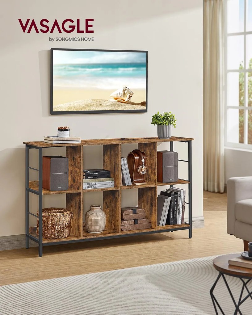 Estante com 2 níveis e 8 compartimentos 33 x 132,6 x 80 cm em castanho vintage e preto