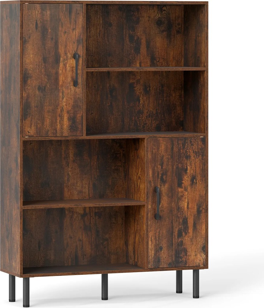 Armário, estante de arrumação 80 x 24 x 119,5 cm, compartimentos abertos, portas e pés em metal para casa, escritório e sala de estar - castanho Rústi