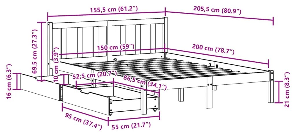 Cama sem colchão 150x200 cm madeira pinho maciça castanho-mel