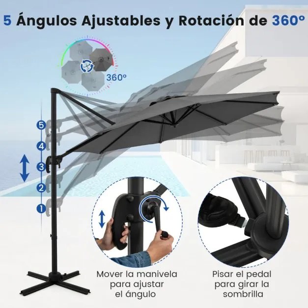 Guarda-sol redondo jardim 294 x 247 cm Guarda-sol suspenso com rotação de 360° Base cruzada 5 inclinações ajustáveis Cinzento