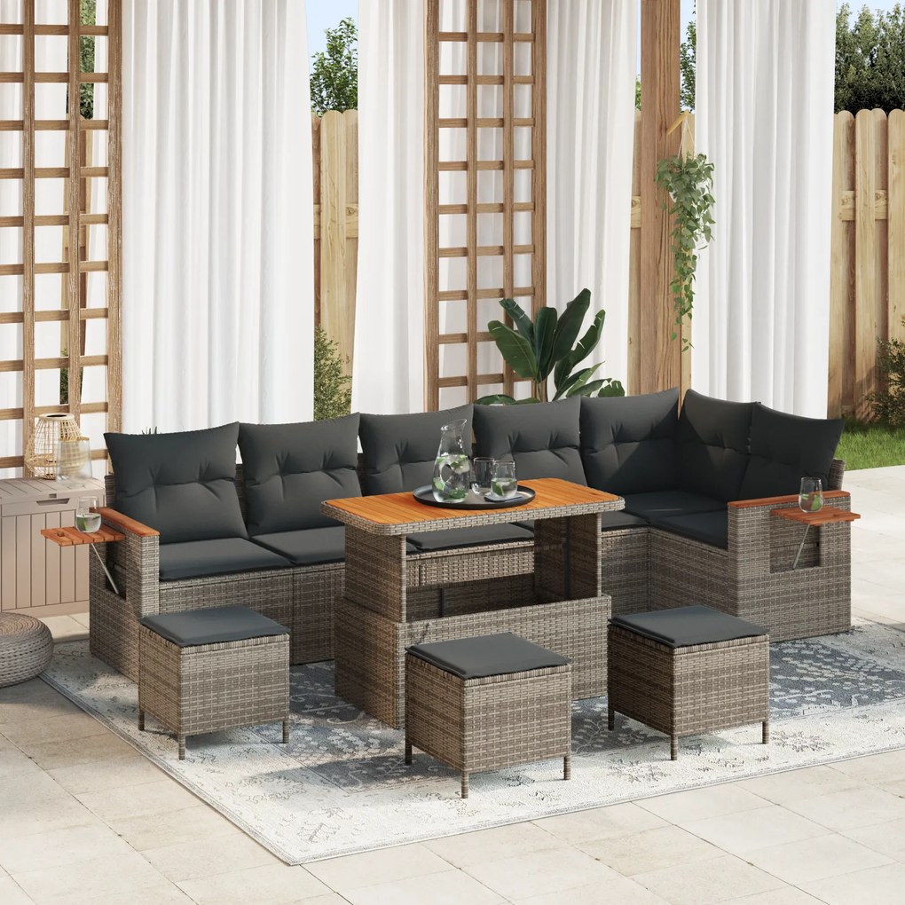 Conjunto de Sofá de Jardim vidaXL de 10 Peças com Almofadas Cinza Vime Sintético Acácia
