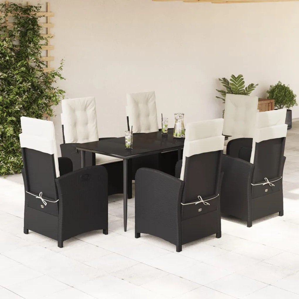 7 pcs conjunto de jantar p/ jardim c/ almofadões vime PE preto