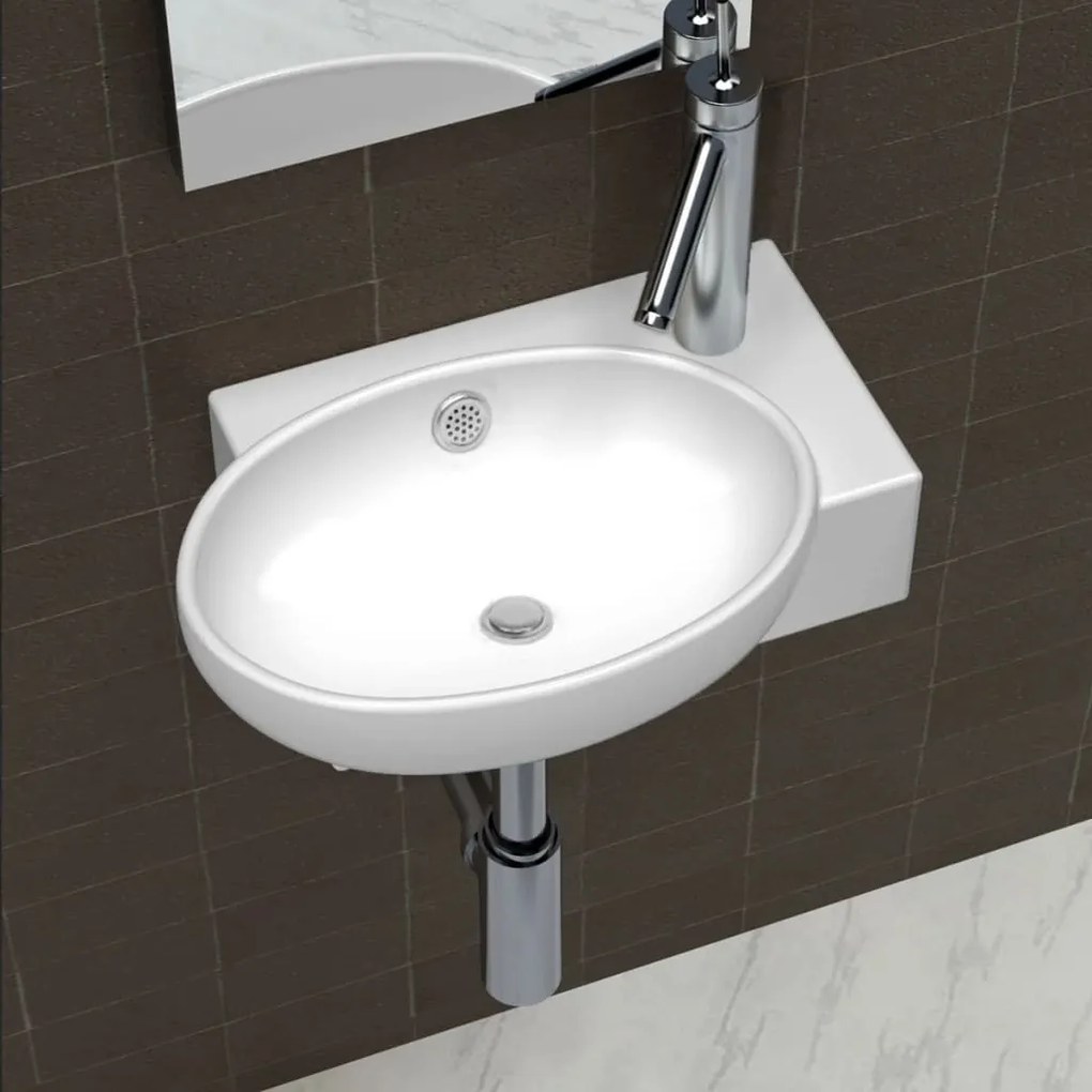 140698 vidaXL Lavatório cerâmica branco com torneira e orifício de descarga