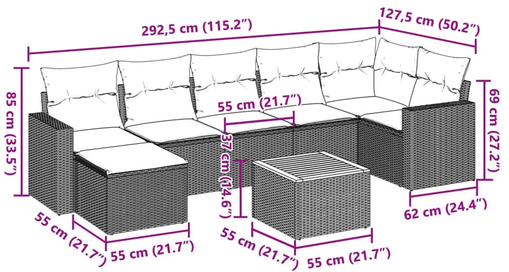 8 pcs conjunto sofás de jardim com almofadões vime PE preto