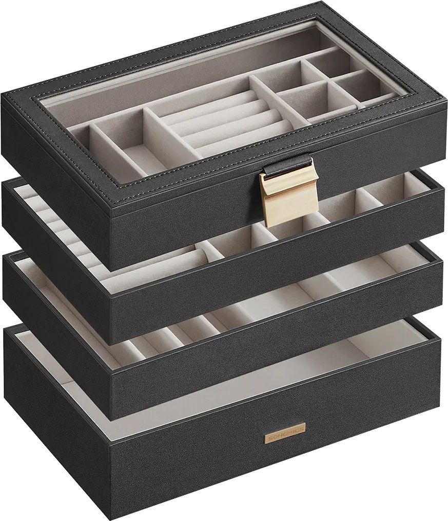 Caixa para joias de 4 níveis com tampa de vidro 17 x 28 x 18,3 cm Preta