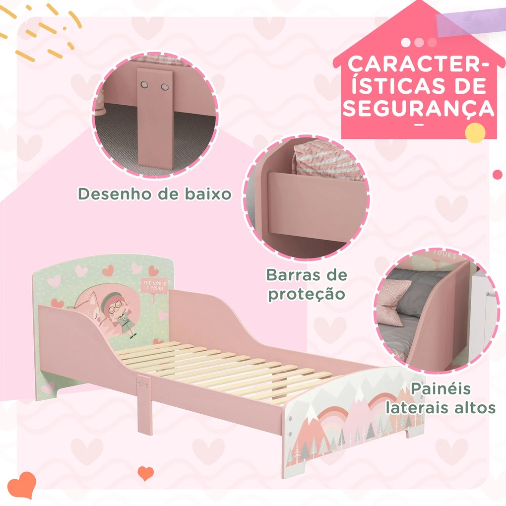 Cama para Crianças de Madeira com Barreira de Proteção e Estampados Carga Máx. 40 kg 77x143x60 cm Rosa
