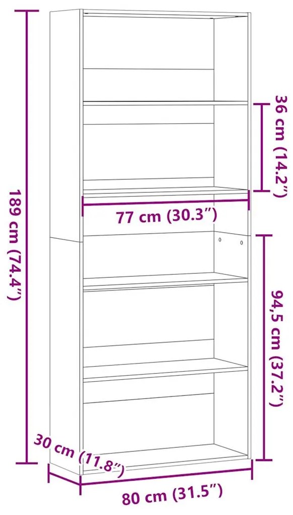 Estante 80x30x189 cm derivados de madeira cinzento