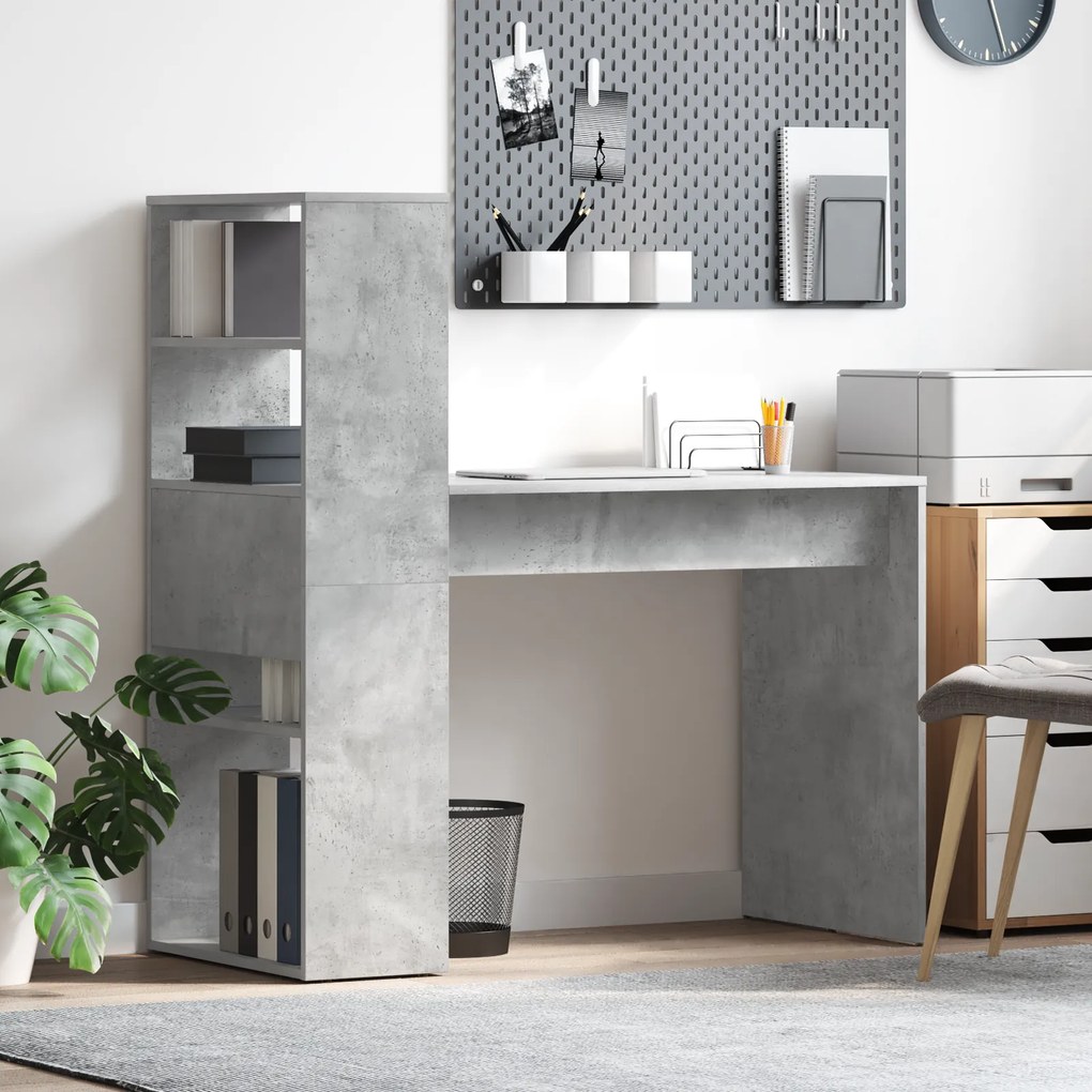 vidaXL Secretária com Armazenamento Cinzento de Concreto 113x54x120 cm Madeira Engenharia