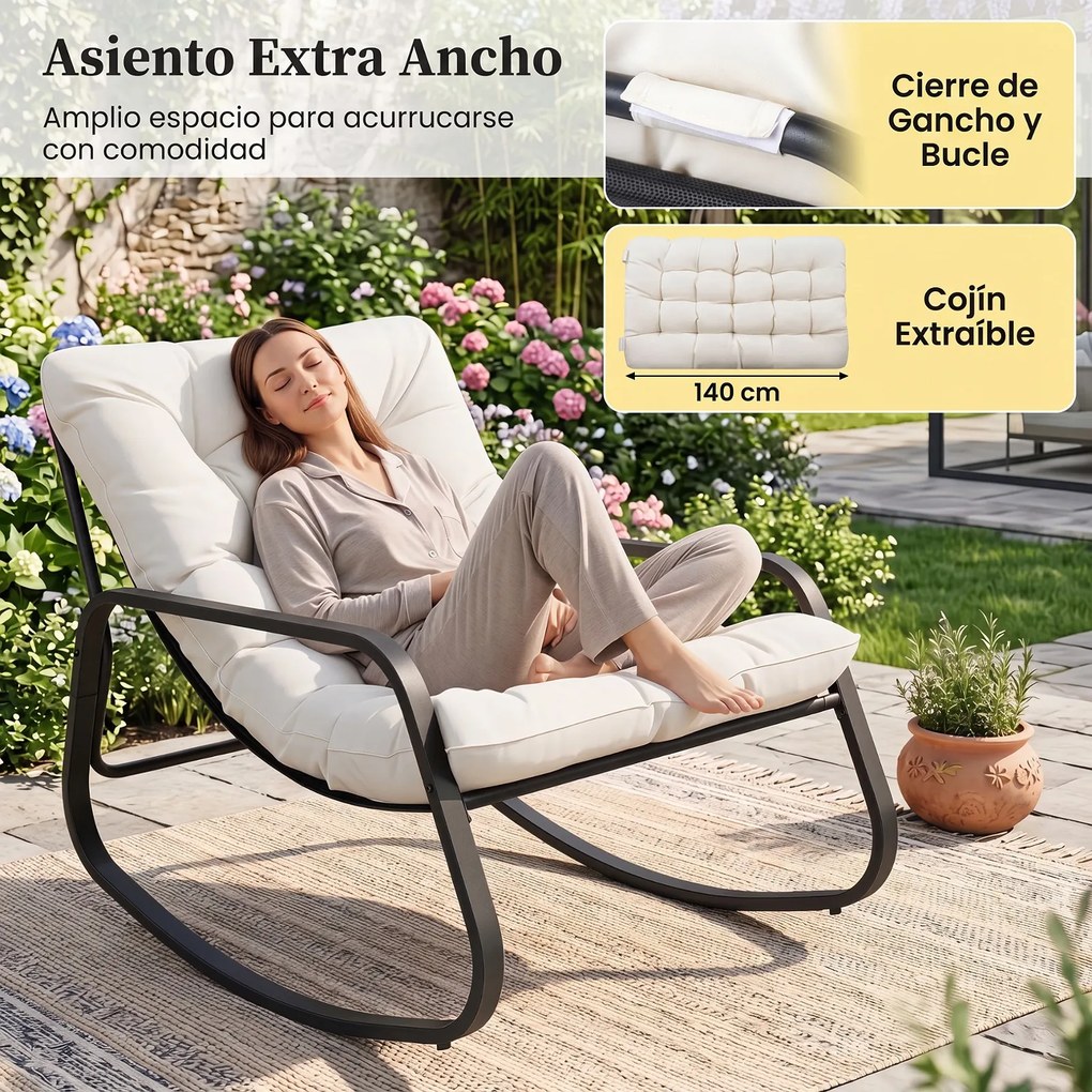 Cadeira de Baloiço de Exterior Extragrande, 120 x 91 x 78 cm, Almofada Removível, Bege