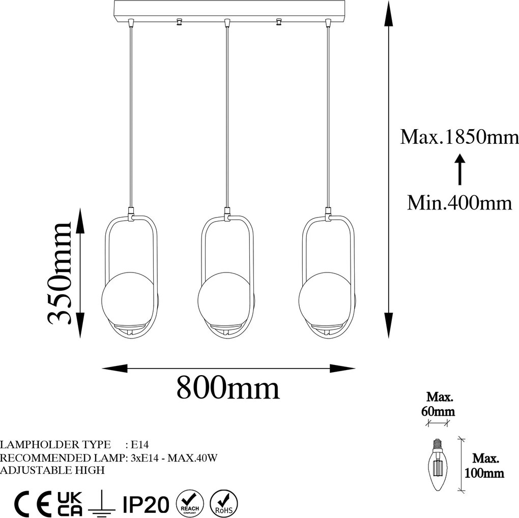Candeeiro Suspenso Skew – Branco – 80 cm x 185 cm