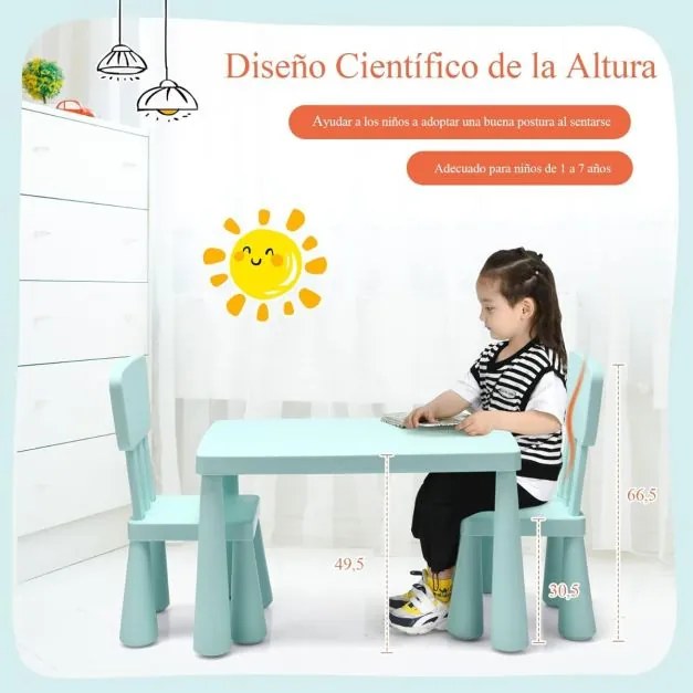 Conjunto de mesa e cadeira para crianças de 1 a 7 anos para atividades escolares, carga máxima de 50 kg, verde