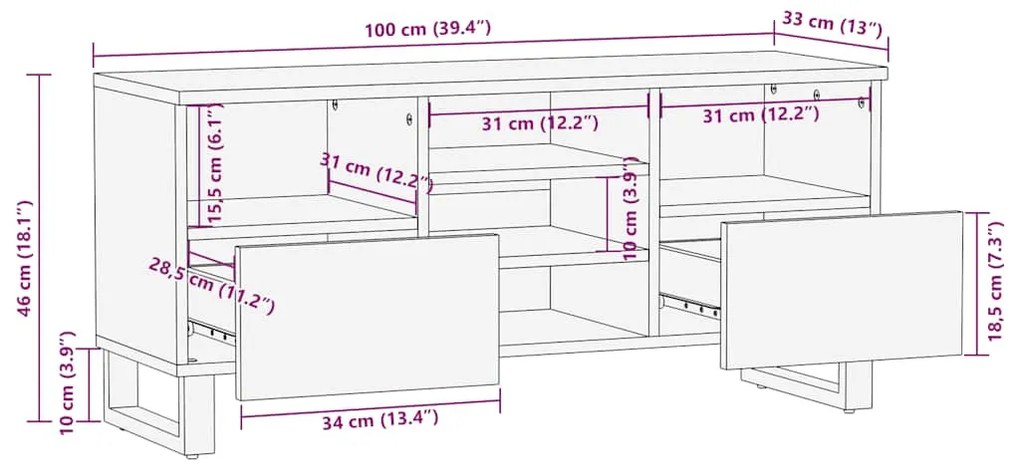 Móvel de TV 100x33x46 cm madeira de mangueira maciça preto