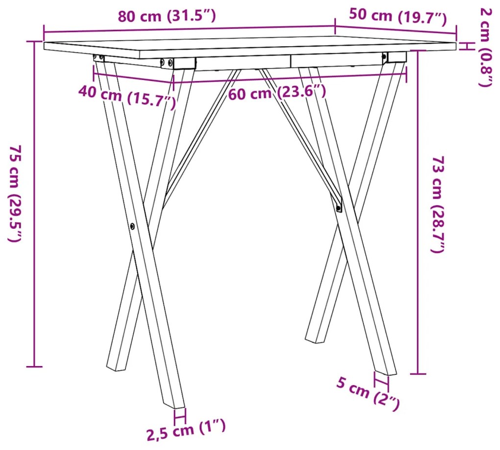 Mesa de jantar estrutura em X 80x50x75 cm pinho e aço