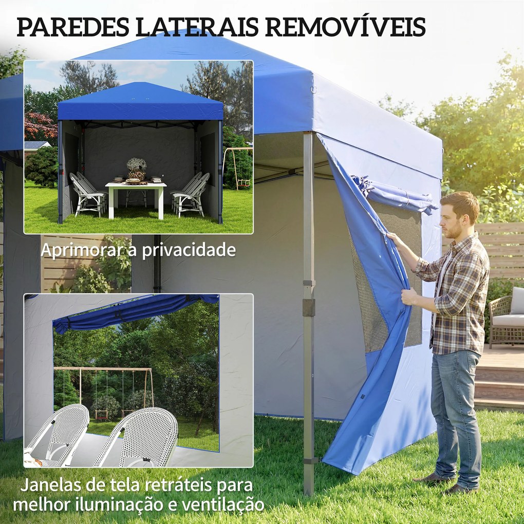 Tenda Dobrável 3x3 m Pop-up com 3 Paredes Laterais 2 Janelas em Malha UPF50+ Altura Ajustável 3 Níveis Azul