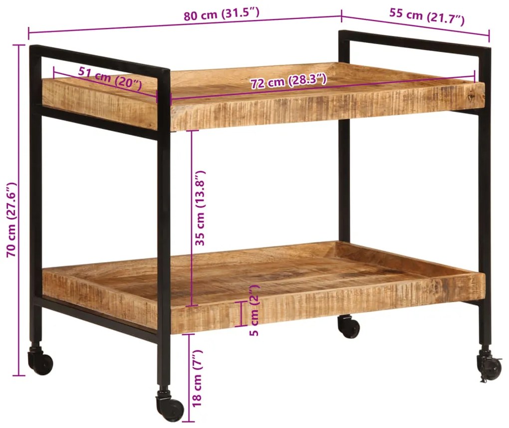 Carrinho de cozinha 80x55x70 cm madeira mangueira áspera maciça