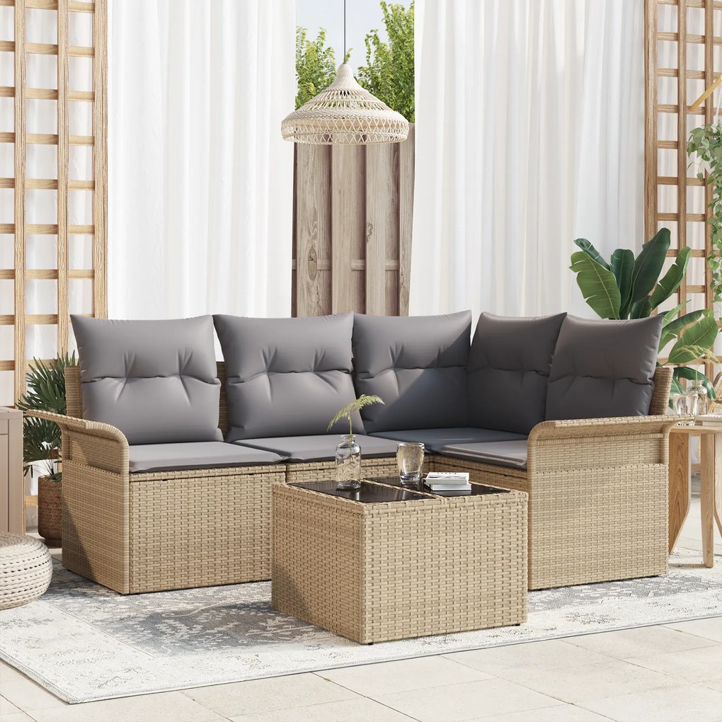vidaXL Conjunto de 5 Peças de Sofá de Jardim com Almofadas de Vime Poliéster Preto