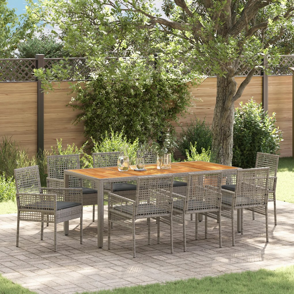 vidaXL Conjunto de Jantar de 9 Peças com Almofadas Cinza Rattan Poliéster