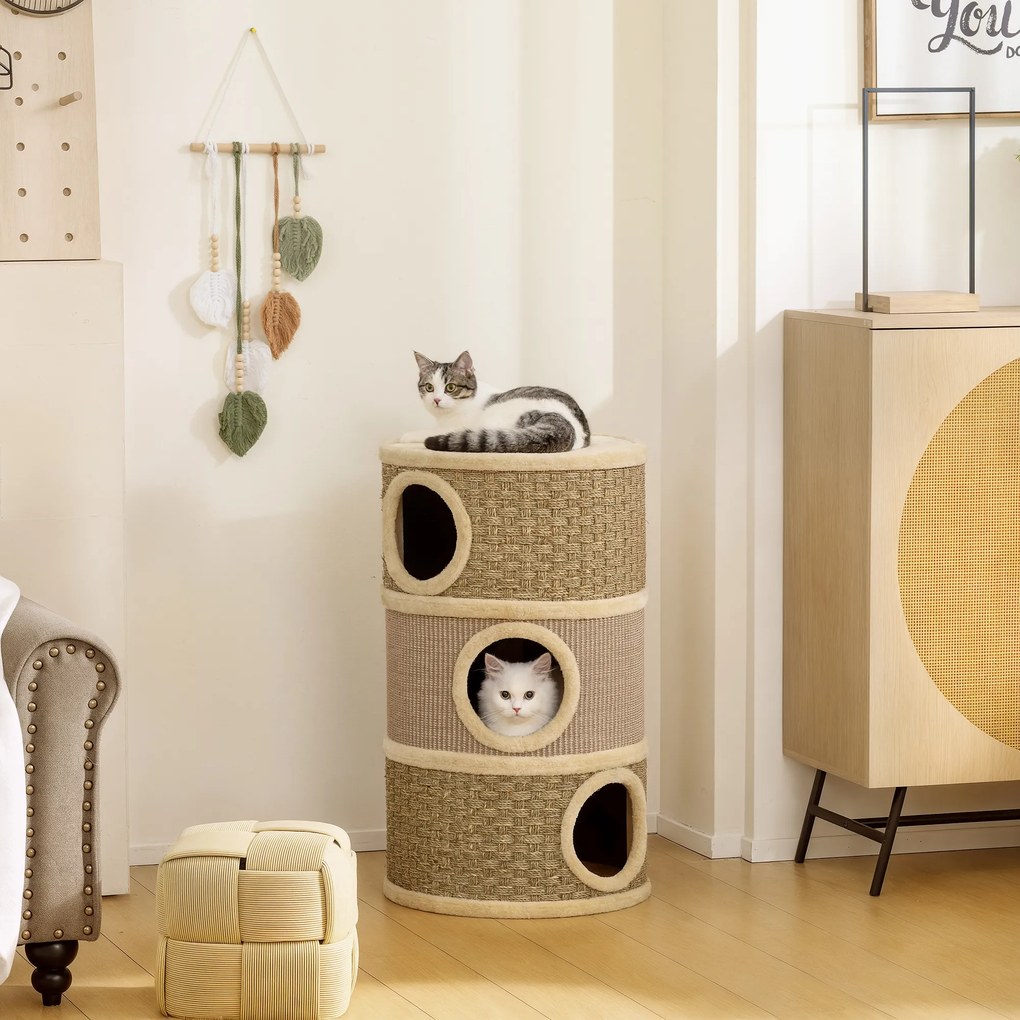 Barril para gatos arranharem - Árvore para gatos em sisal natural e algas marinhas, revestida a pelúcia - 45 x 45 x 79 cm - Cáqui e café