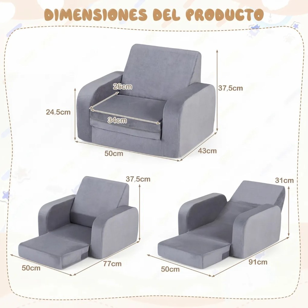 Sofá-cama 3 em 1 dobrável para crianças 50 x 43 x 37,5 cm, com veludo macio e capa elástica lavável na máquina, para sala de jogos ou quarto de bebé,