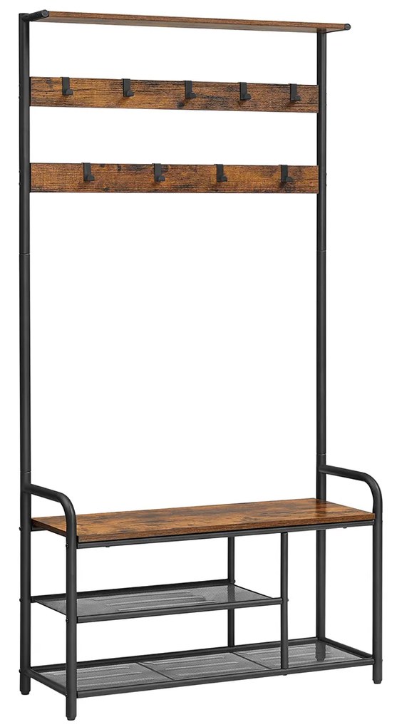Cabideiro com banco para sapatos, 9 ganchos removíveis, estante superior | VASAGLE | 85 x 30 x 180,5 cm | castanho rústico e preto | HSR409B01.