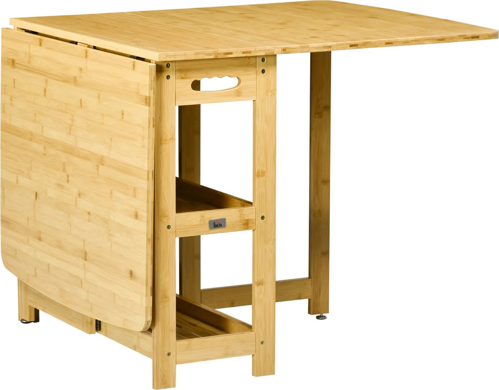 HOMCOM Mesa dobrável, mesa de jantar, duas laterais dobráveis, duas prateleiras, pés ajustáveis, bambu, 149,5 x 80 x 73,5cm | Aosom Portugal