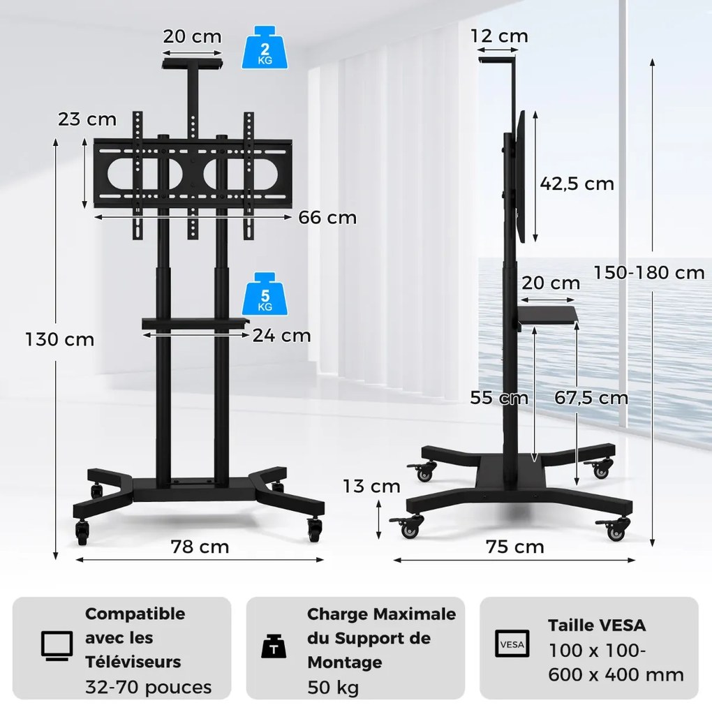 Suporte de TV de chão ajustável em altura com prateleira AV para TVs de 32 a 70 polegadas