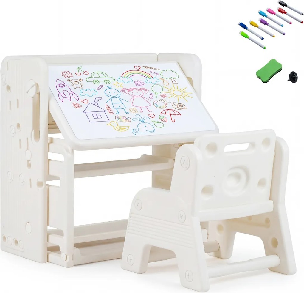 Conjunto de secretária e cadeira infantil com estantes laterais, cestos de arrumação, quadro branco apagável e estantes abertas para crianças a partir
