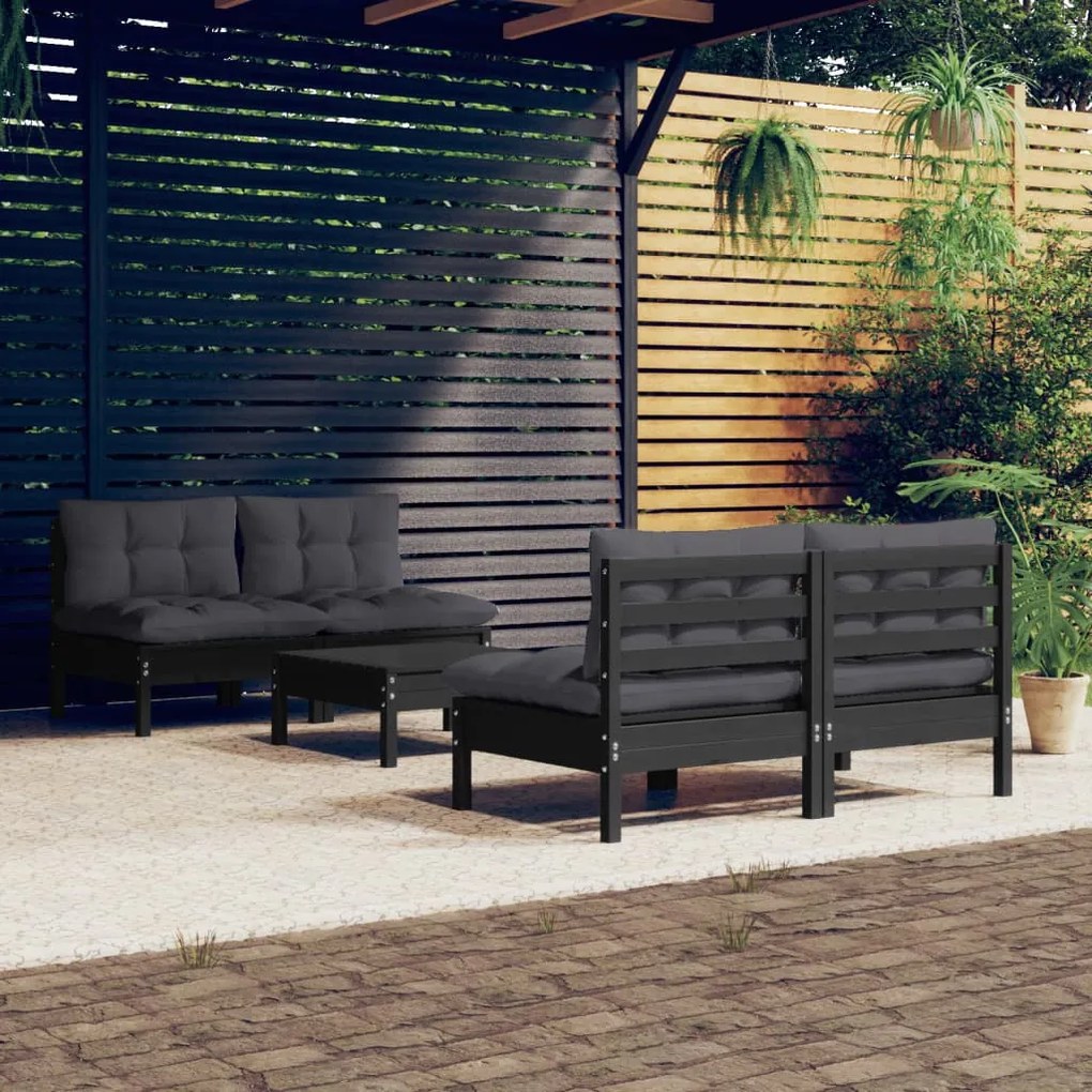 vidaXL 5 pcs conj. lounge de jardim com almofadões antracite pinho