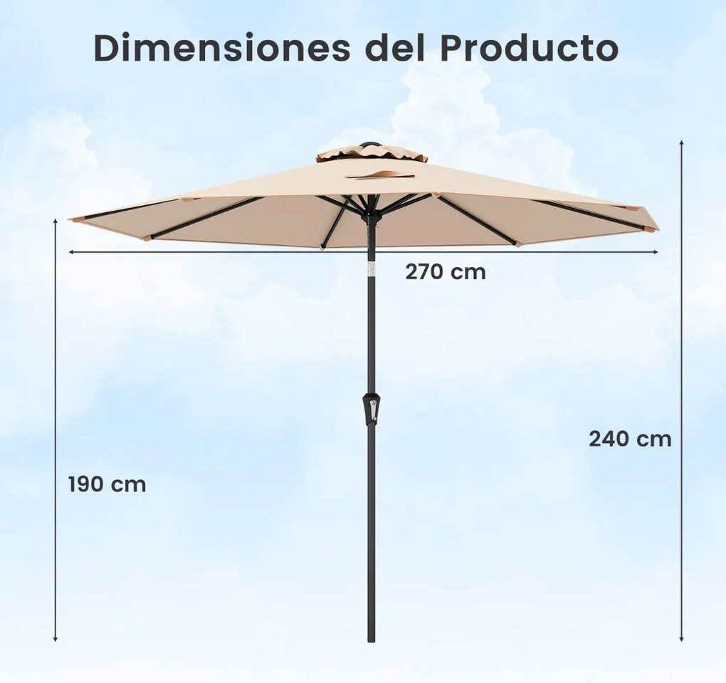 Guarda-sol jardim de 270 cm com 8 varas robustas, toldo ventilado resistente com inclinação por botão Castanho