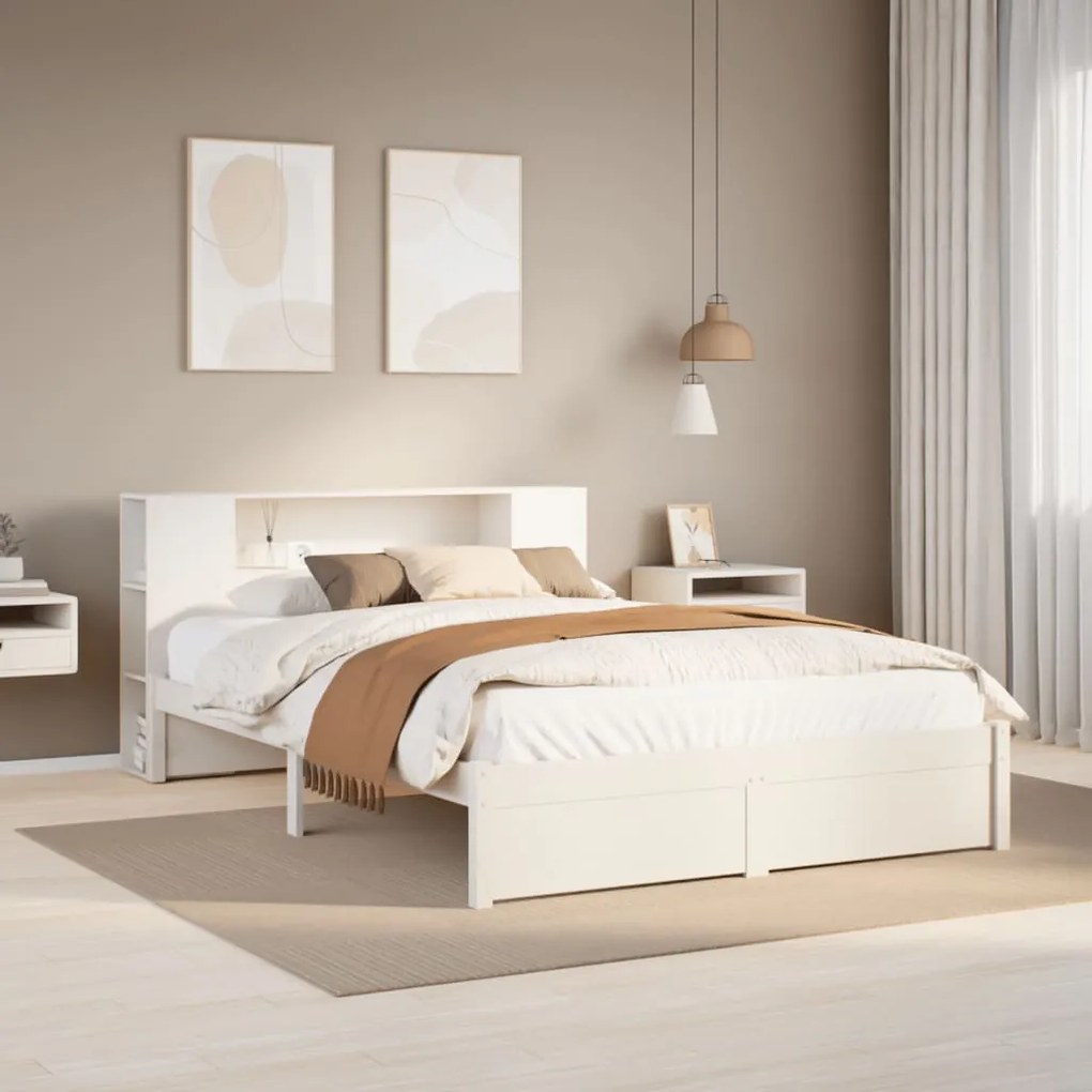 Cama com estante sem colchão 140x190 cm pinho maciço branco