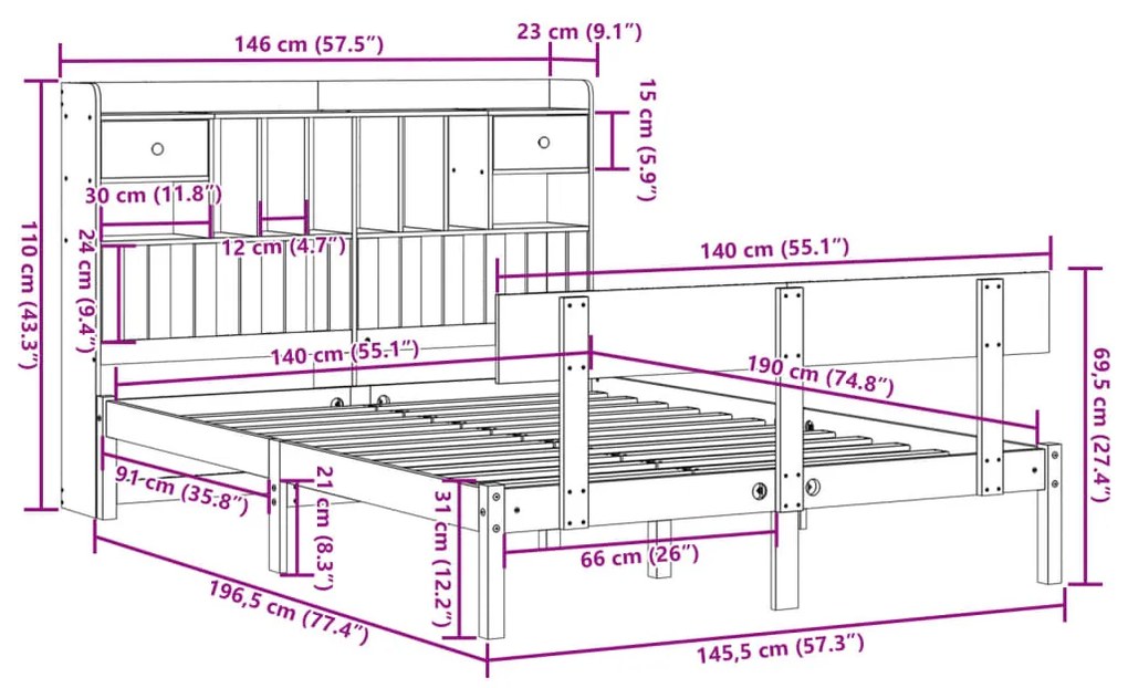 Cama com estante sem colchão 140x190 cm pinho maciço