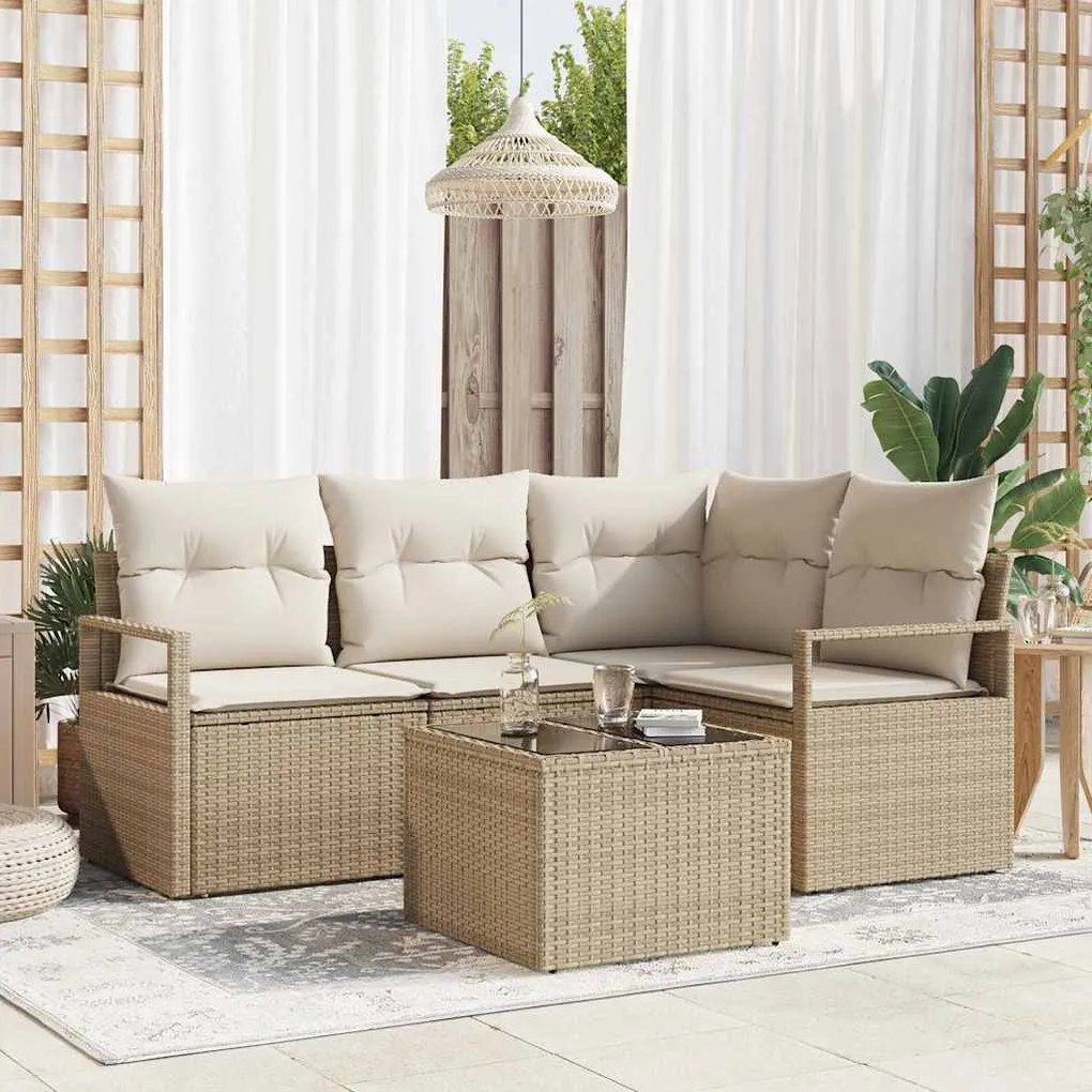Conjunto de Sofá de Jardim com 5 Peças e Almofadas Rattan de Poliéster