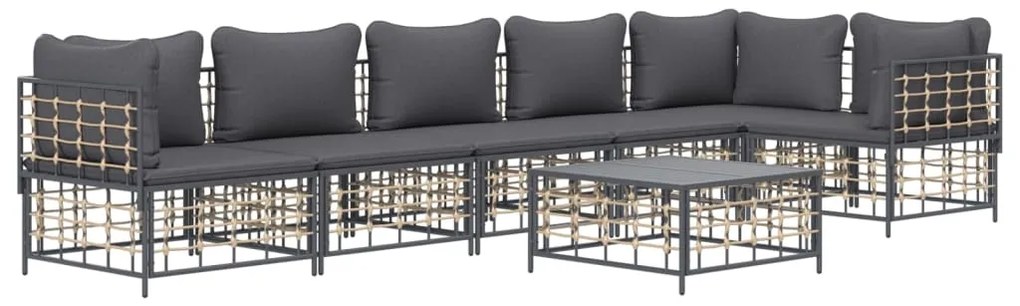 7 pcs conjunto lounge de jardim c/ almofadões vime PE antracite