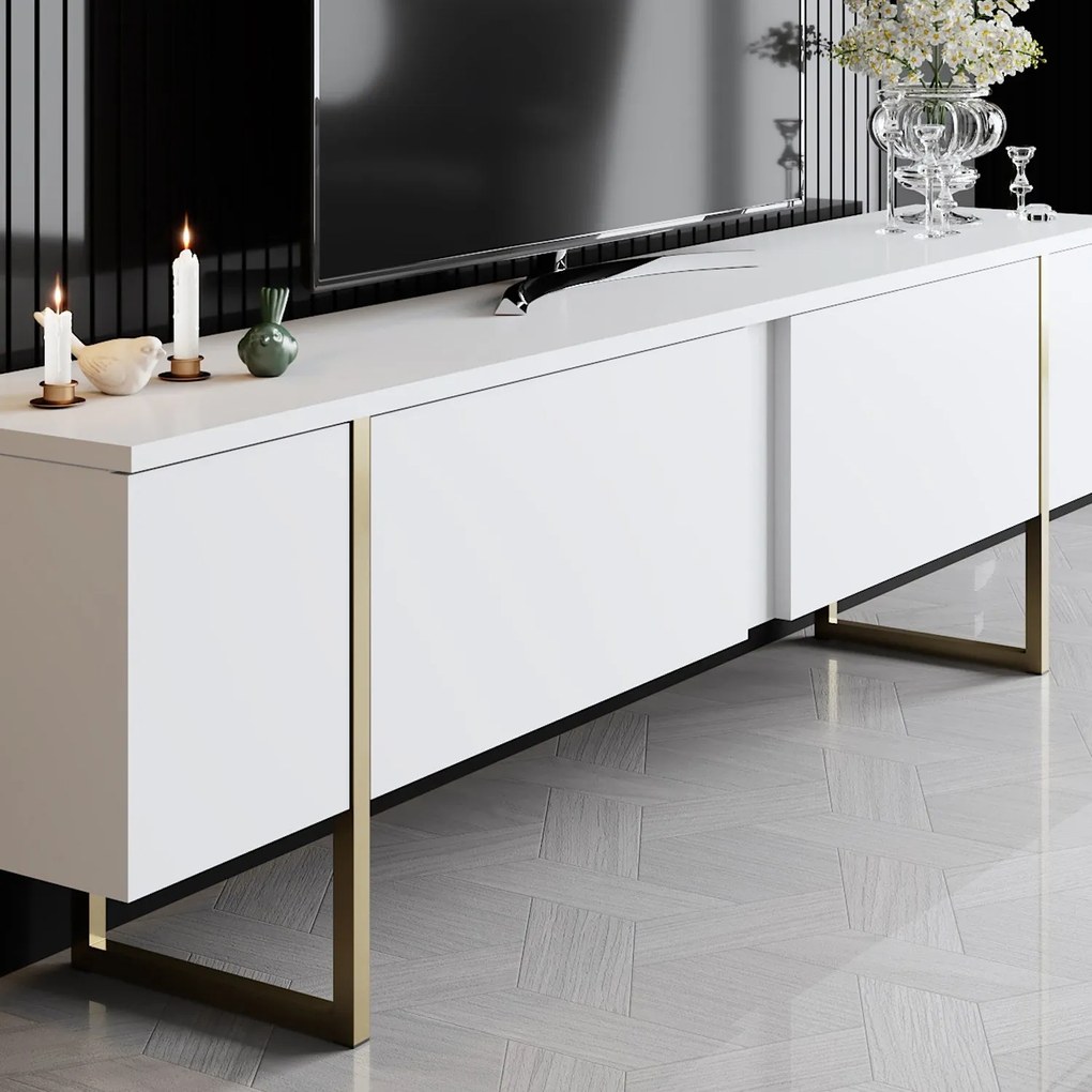 Movel TV Luxe – Branco e Dourado – 180x30x50 cm