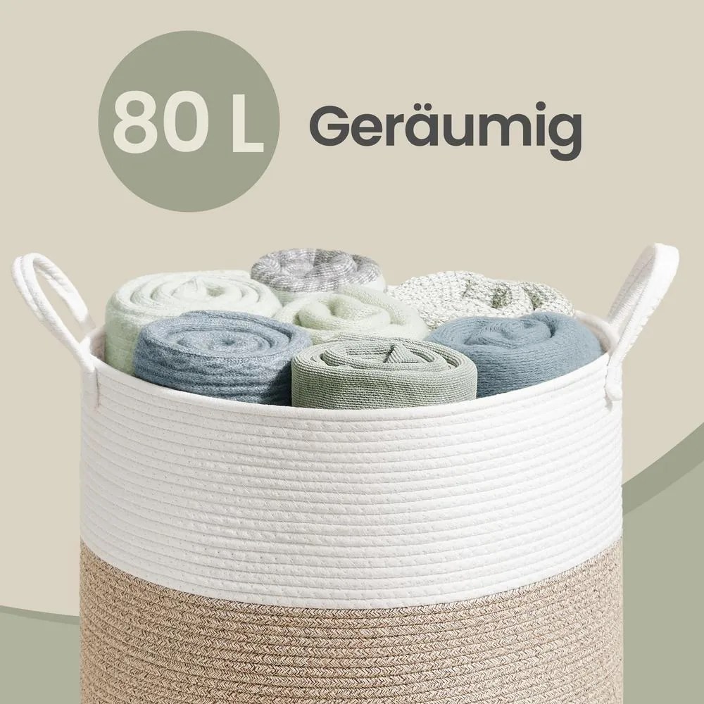 Cesto da roupa suja, cesto de 80 L 40 x 40 x 60 cm, corda de algodão branco-castanho-acinzentado