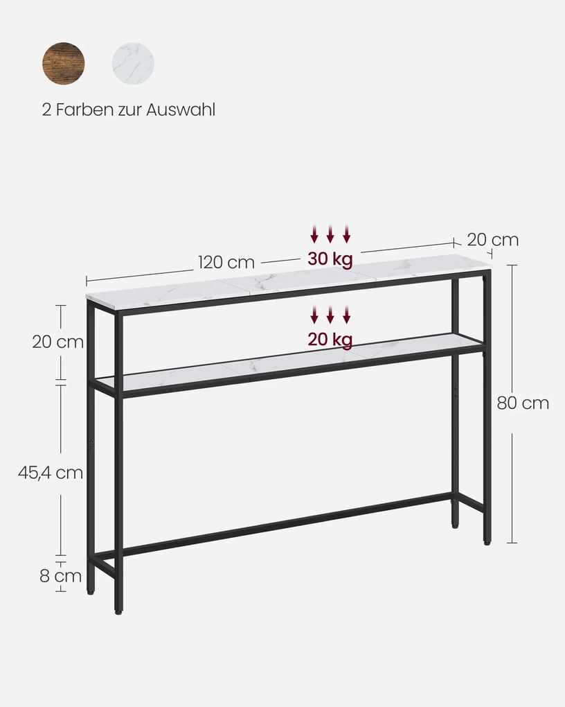 Mesa consola com 2 prateleiras 20 x 120 x 80 cm Imitação mármore Branco  + Preto