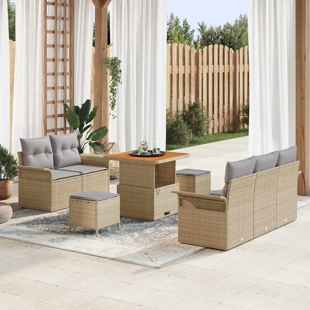 vidaXL Conjunto de Sofá de Jardim de 8 Peças com Almofadas Bege em Rattan Sintético e Acácia