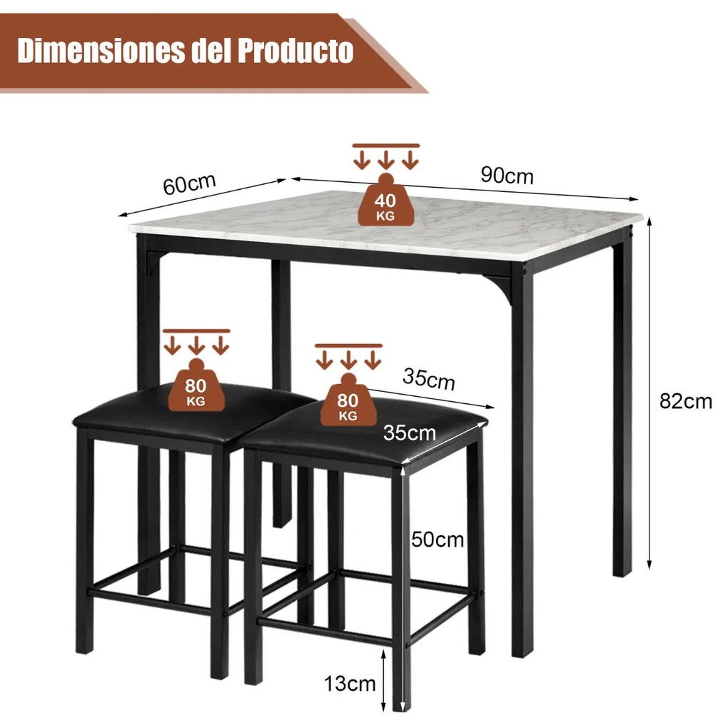 Conjunto de mesa cozinhas e bancos de jantar de 3 peças de bar compactos em couro sintético Branco e Preto