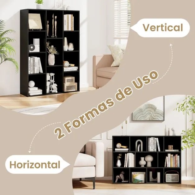 Estante com 11 cubos 74 x 24 x 105 cm para livros vertical ou horizontal em madeira preta