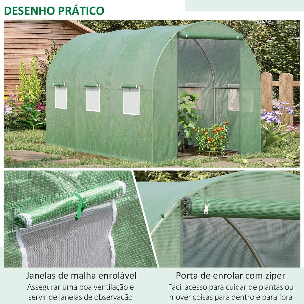 Outsunny Estufa de Túnel 3x2x3m Estufa de Jardim Exterior com Portas Enroláveis e 6 Janelas Polietileno e Metal Galvanizado para Cultivos Plantas Flores Verde