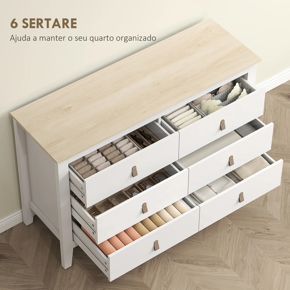 Cómoda de 6 Gavetas Cómoda para Dormitório com Puxadores de PU 120x40x78 cm Branco