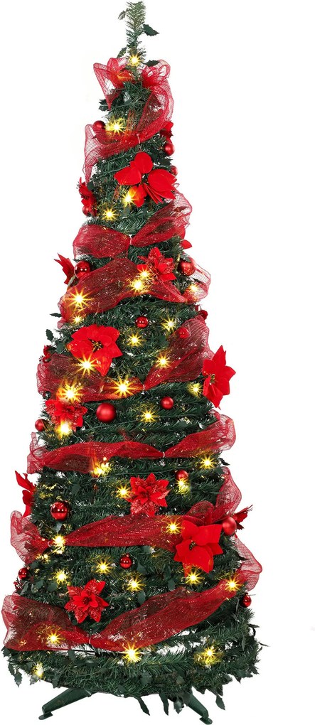 HOMCOM Árvore de Natal Artificial 180 cm com 150 Luzes LED, 200 Ramos, 11 Modos, Bolas, Fitas e Suporte Dobrável, Verde/Vermelho | Aosom Portugal