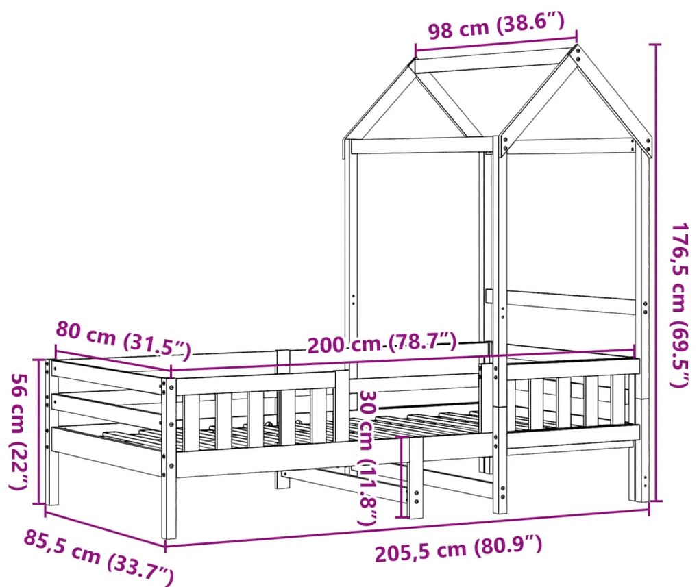 Estrutura de cama com telhado 80x200 cm pinho maciço branco